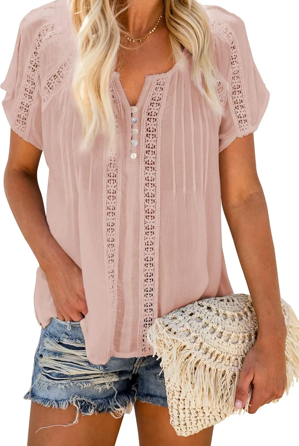 Dokotoo Women's V Neck Lace Crochet Eyelet Tops Short Sleeve Casual Shirts Blouses