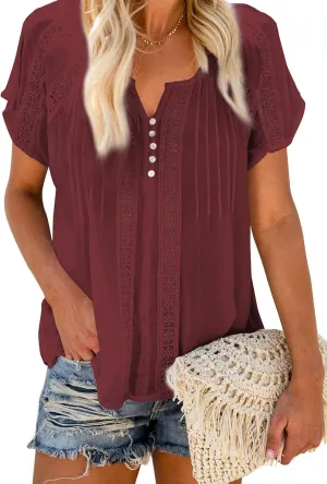 Dokotoo Women's V Neck Lace Crochet Eyelet Tops Short Sleeve Casual Shirts Blouses