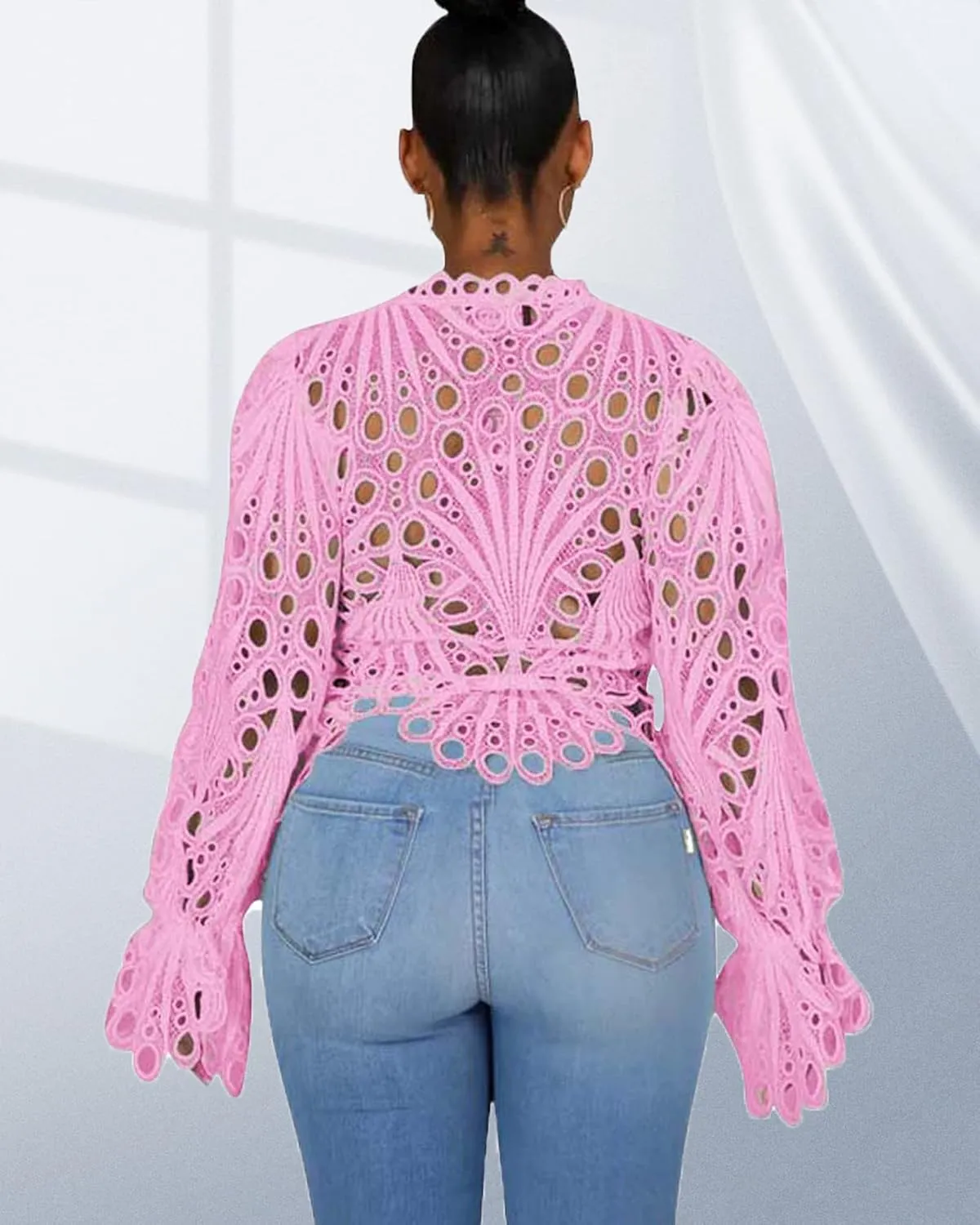 Doweha Women’s Sexy Ruffle Long Sleeve Summer Lace Tops 2025 Puff Flare Shirt V Neck Hollow Out Button Down Tunic Blouses