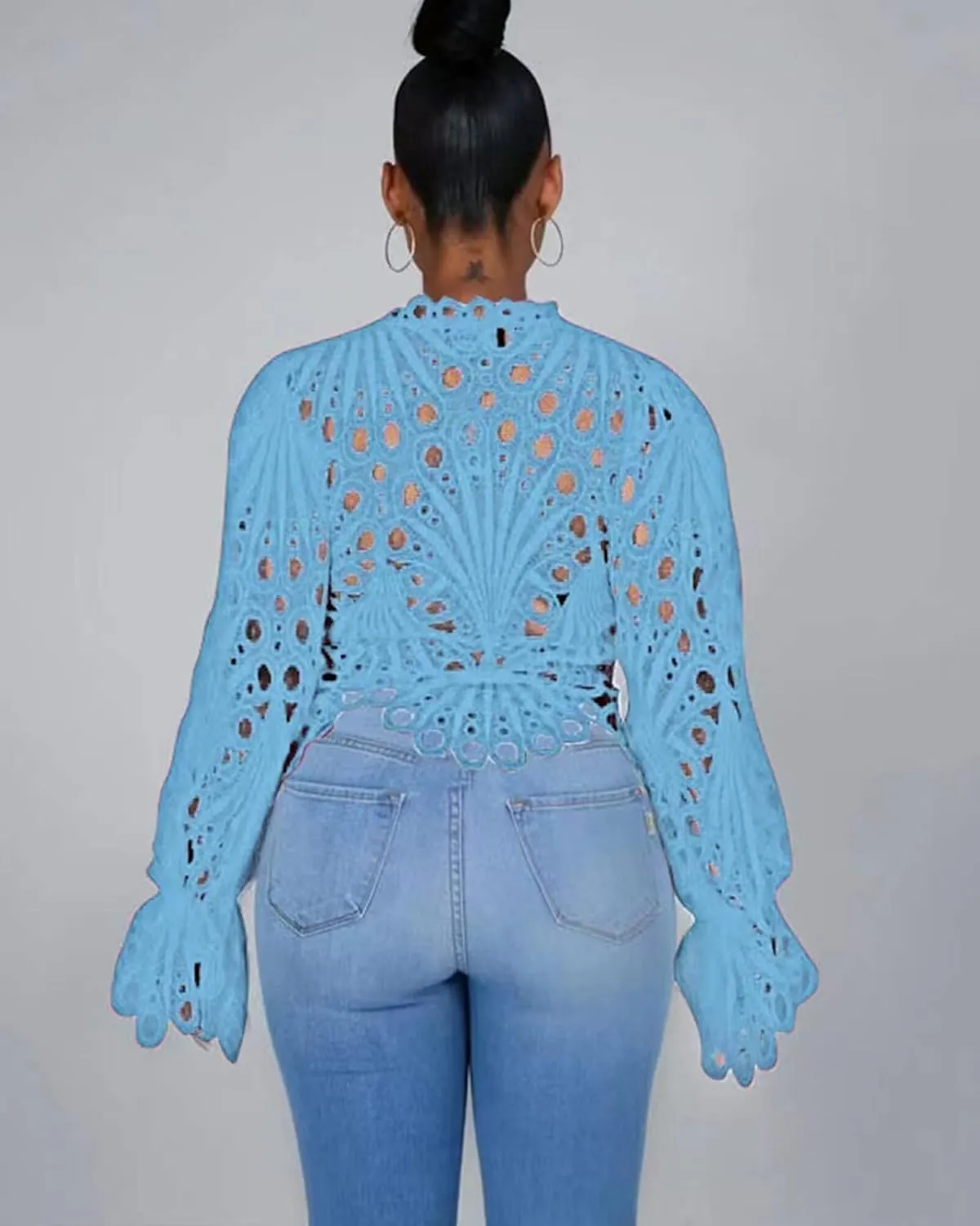 Doweha Women’s Sexy Ruffle Long Sleeve Summer Lace Tops 2025 Puff Flare Shirt V Neck Hollow Out Button Down Tunic Blouses