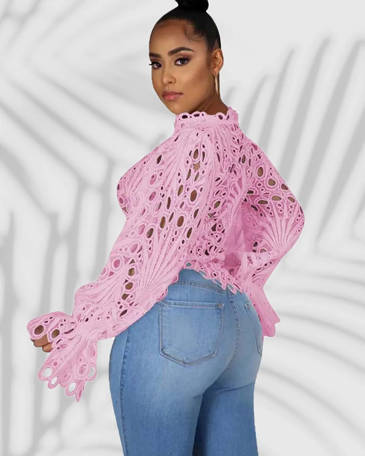 Doweha Women’s Sexy Ruffle Long Sleeve Summer Lace Tops 2025 Puff Flare Shirt V Neck Hollow Out Button Down Tunic Blouses