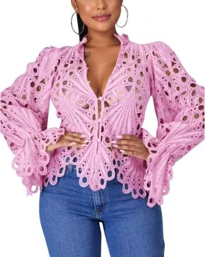 Doweha Women’s Sexy Ruffle Long Sleeve Summer Lace Tops 2025 Puff Flare Shirt V Neck Hollow Out Button Down Tunic Blouses