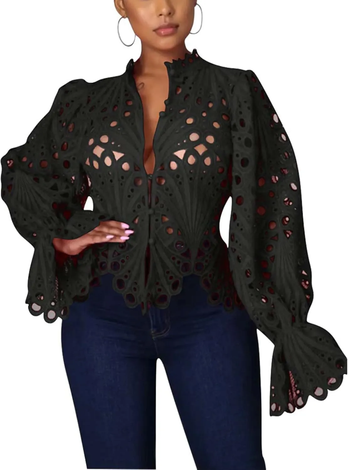 Doweha Women’s Sexy Ruffle Long Sleeve Summer Lace Tops 2025 Puff Flare Shirt V Neck Hollow Out Button Down Tunic Blouses