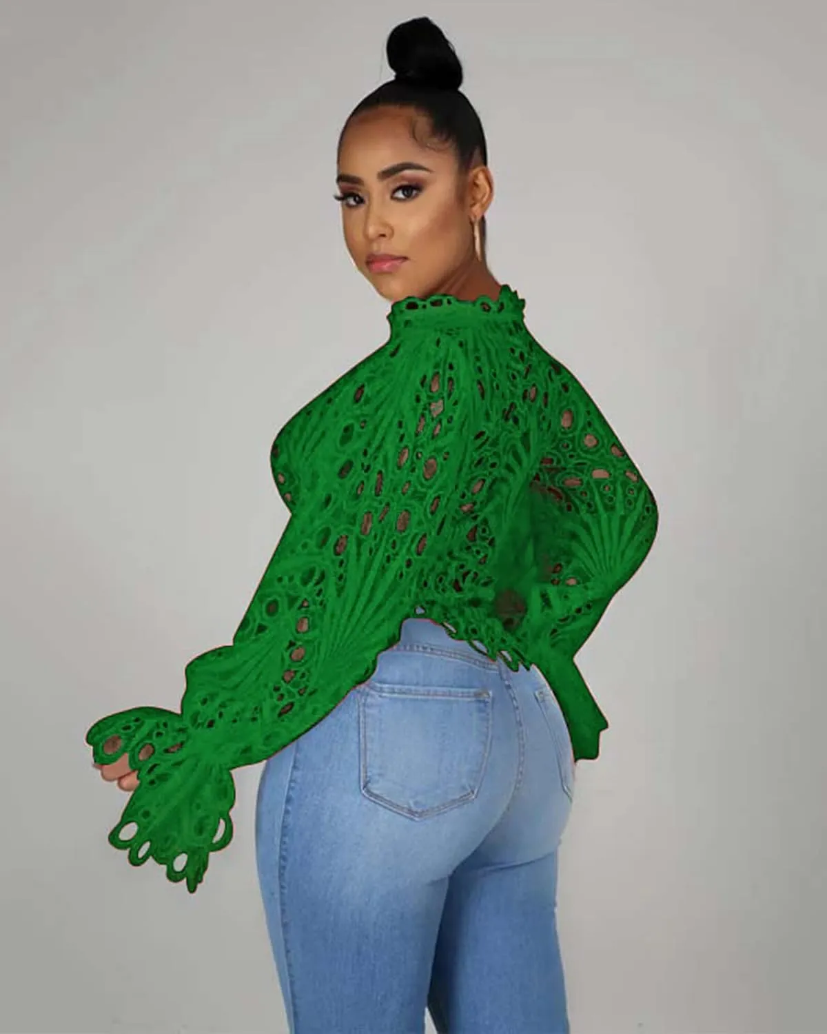 Doweha Women’s Sexy Ruffle Long Sleeve Summer Lace Tops 2025 Puff Flare Shirt V Neck Hollow Out Button Down Tunic Blouses