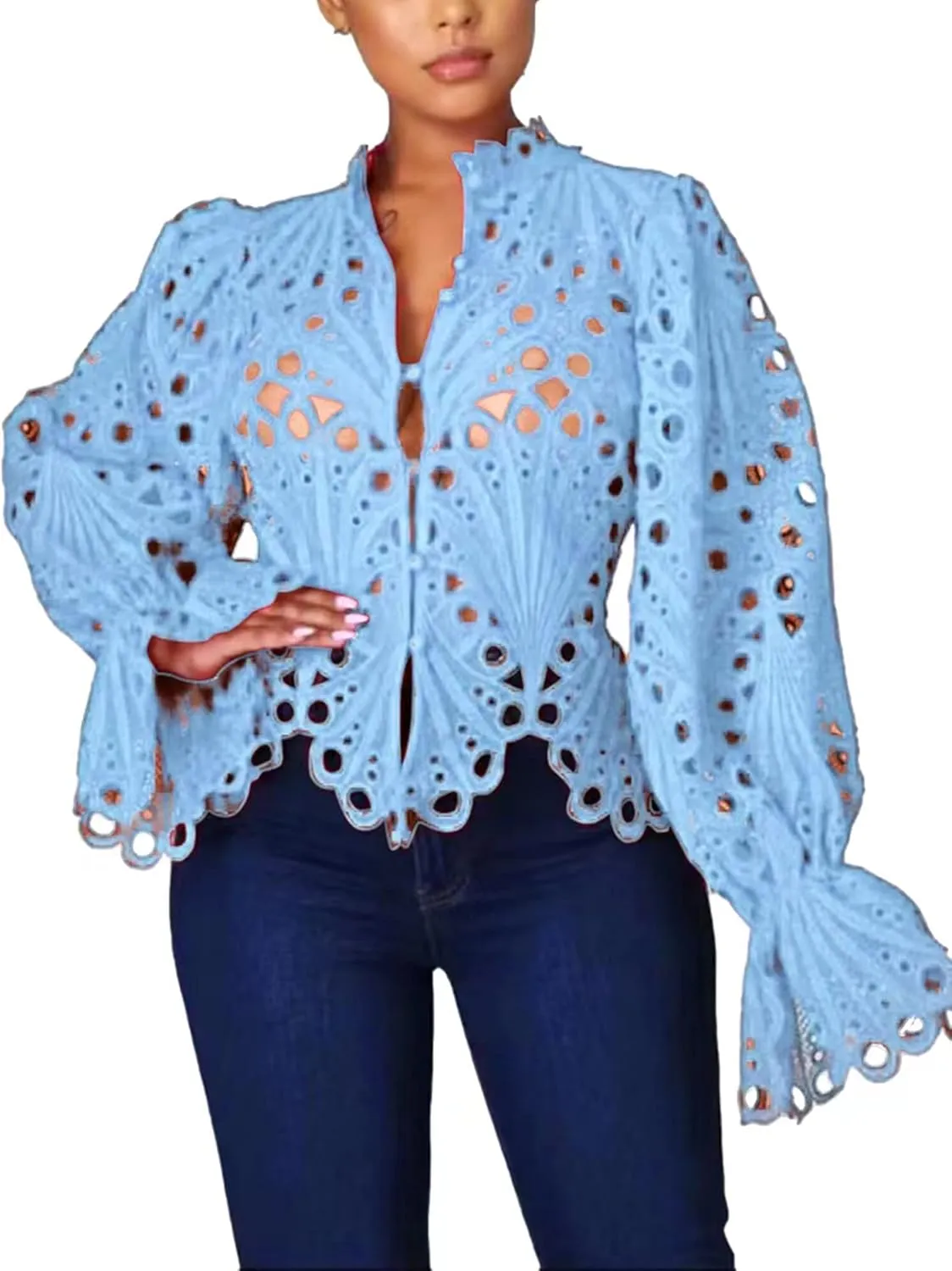 Doweha Women’s Sexy Ruffle Long Sleeve Summer Lace Tops 2025 Puff Flare Shirt V Neck Hollow Out Button Down Tunic Blouses