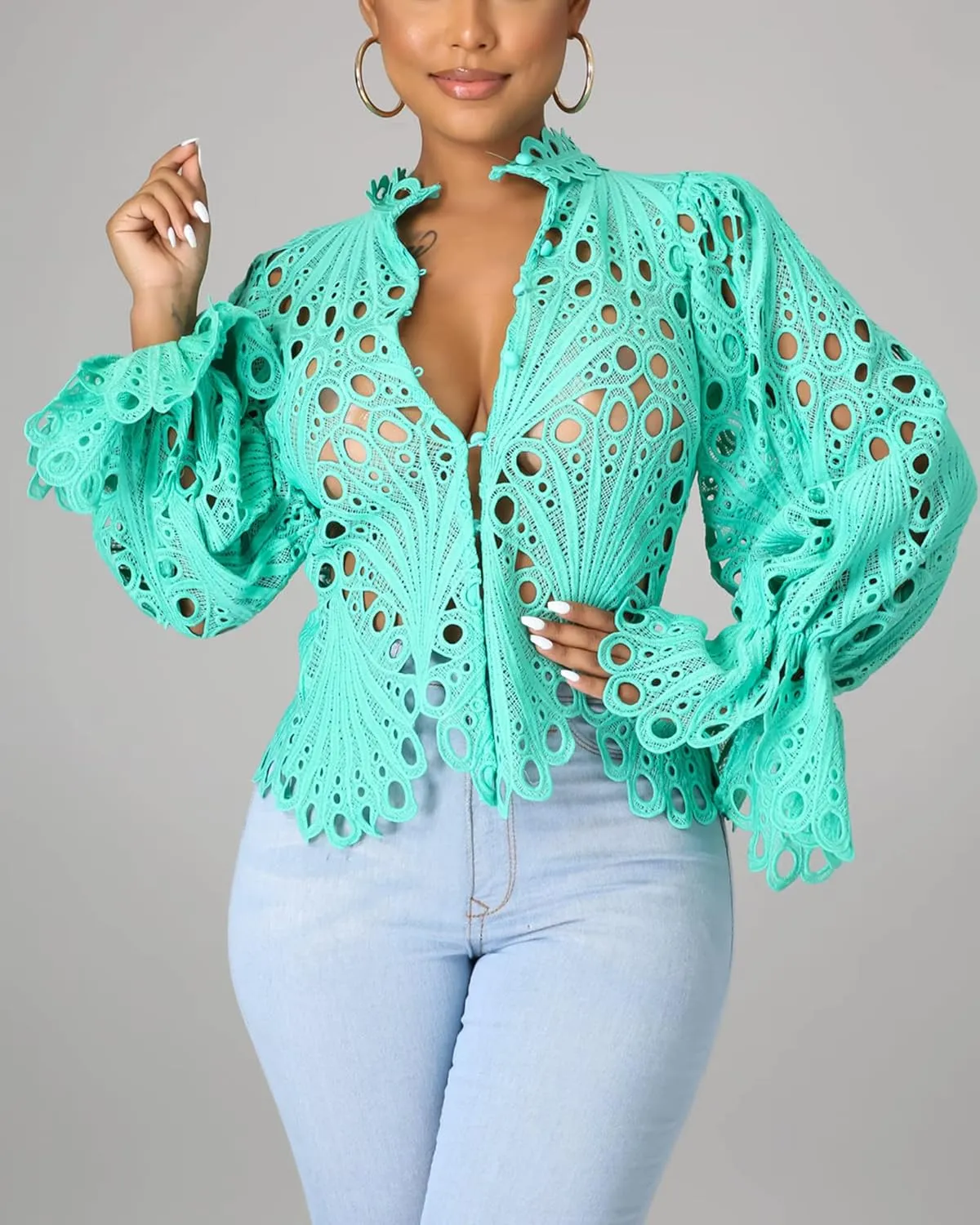 Doweha Women’s Sexy Ruffle Long Sleeve Summer Lace Tops 2025 Puff Flare Shirt V Neck Hollow Out Button Down Tunic Blouses
