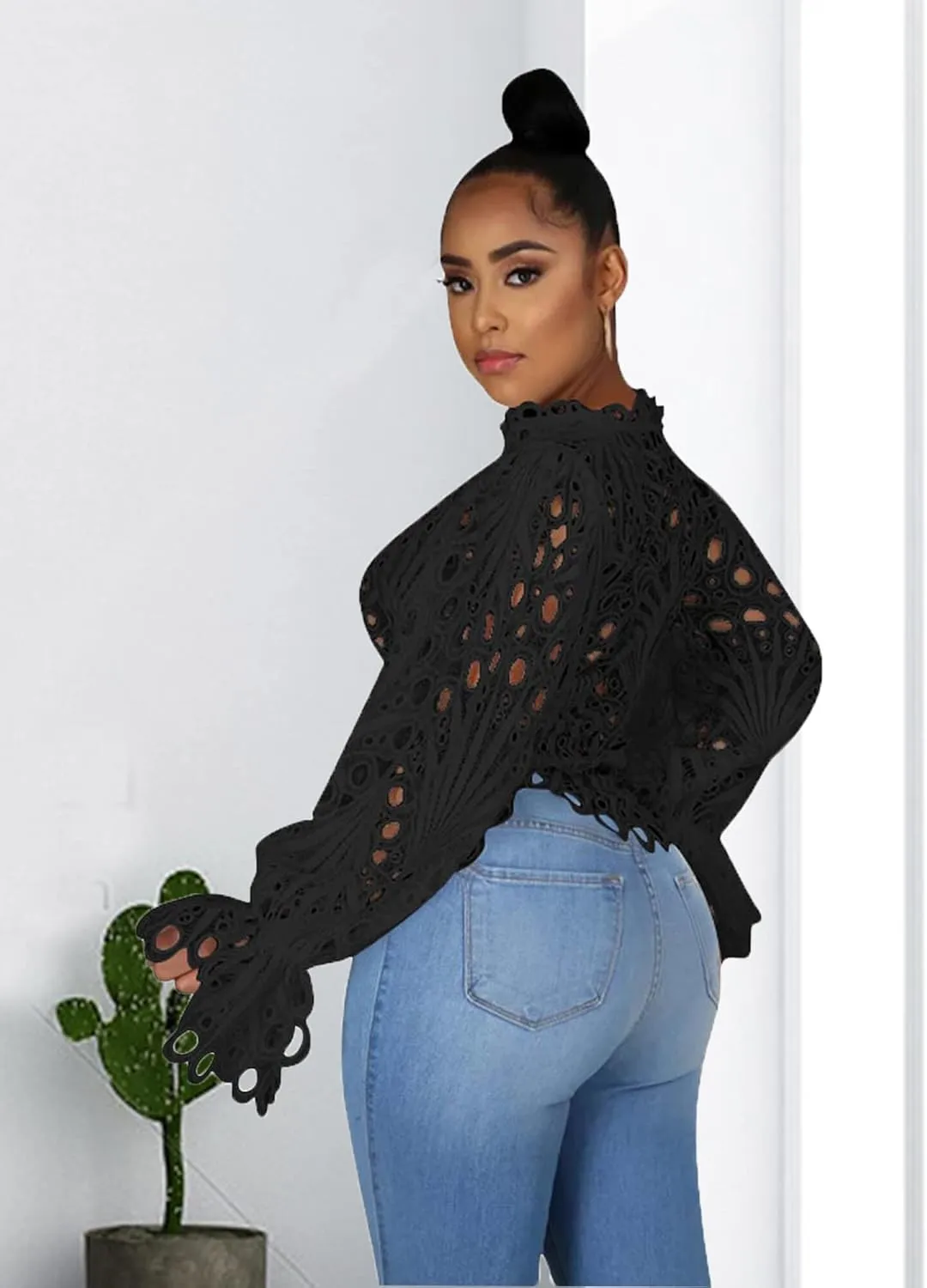 Doweha Women’s Sexy Ruffle Long Sleeve Summer Lace Tops 2025 Puff Flare Shirt V Neck Hollow Out Button Down Tunic Blouses