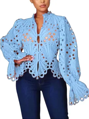 Doweha Women’s Sexy Ruffle Long Sleeve Summer Lace Tops 2025 Puff Flare Shirt V Neck Hollow Out Button Down Tunic Blouses