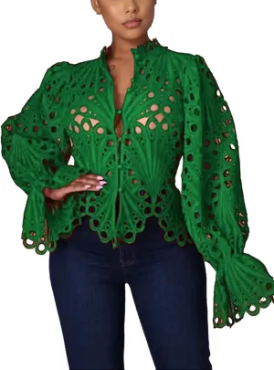 Doweha Women’s Sexy Ruffle Long Sleeve Summer Lace Tops 2025 Puff Flare Shirt V Neck Hollow Out Button Down Tunic Blouses