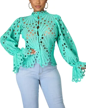 Doweha Women’s Sexy Ruffle Long Sleeve Summer Lace Tops 2025 Puff Flare Shirt V Neck Hollow Out Button Down Tunic Blouses
