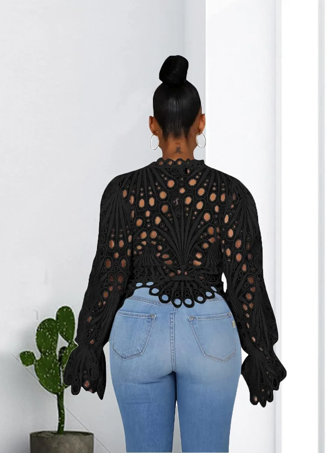Doweha Women’s Sexy Ruffle Long Sleeve Summer Lace Tops 2025 Puff Flare Shirt V Neck Hollow Out Button Down Tunic Blouses