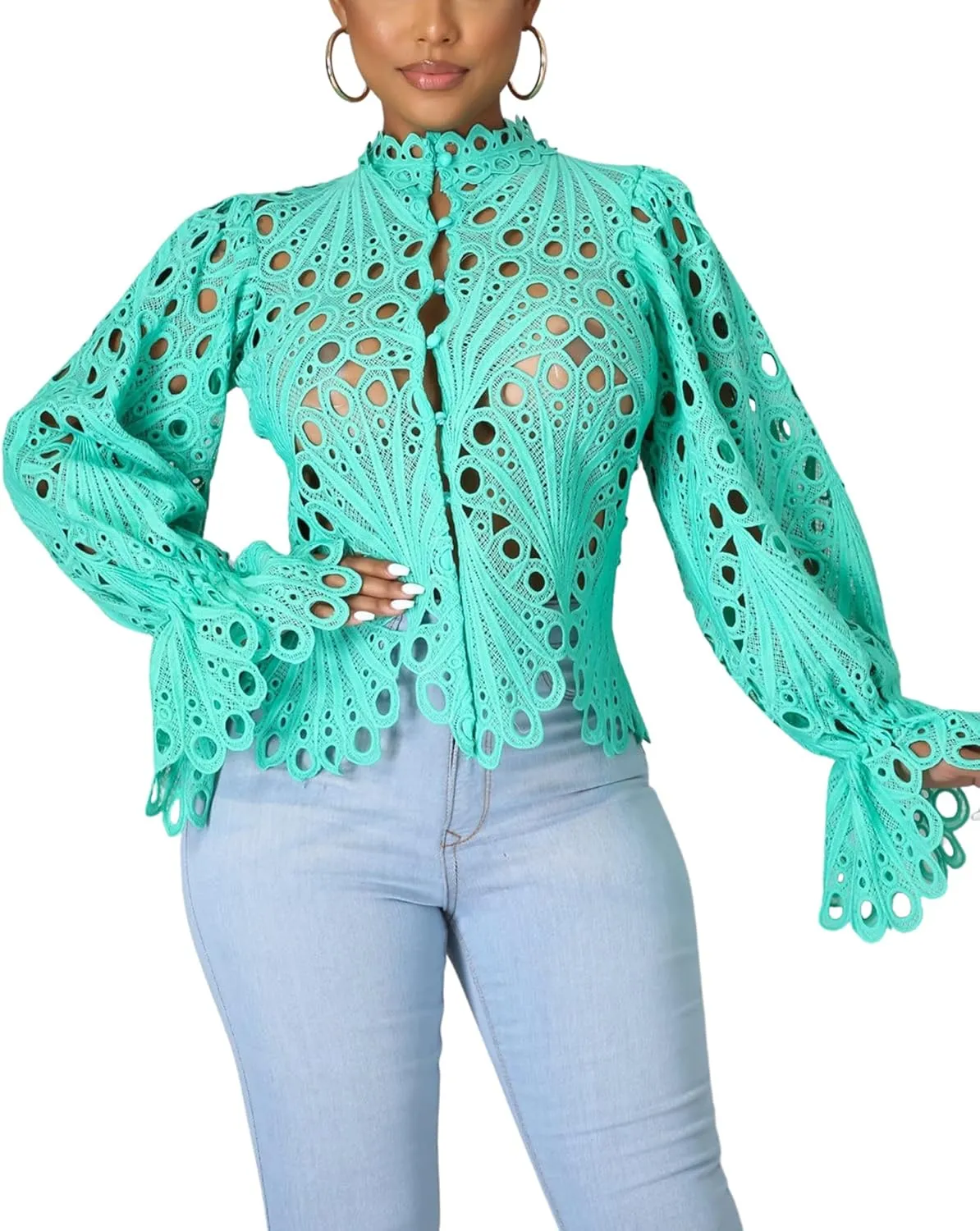 Doweha Women’s Sexy Ruffle Long Sleeve Summer Lace Tops 2025 Puff Flare Shirt V Neck Hollow Out Button Down Tunic Blouses