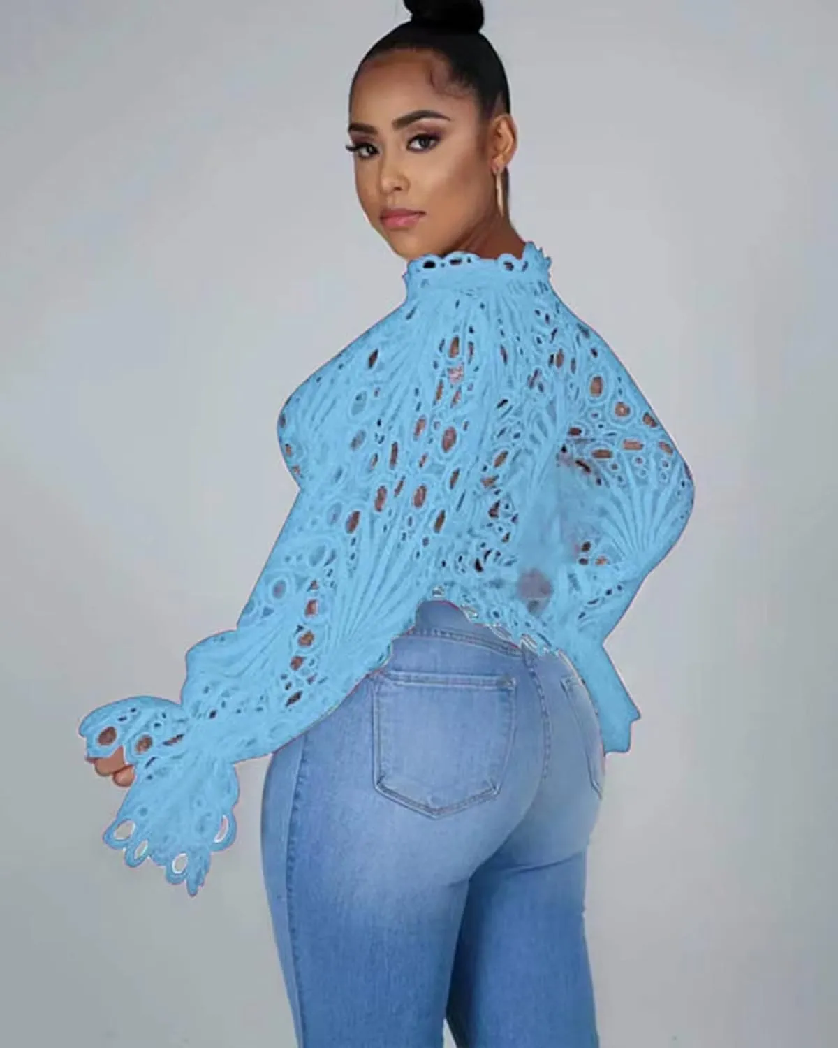 Doweha Women’s Sexy Ruffle Long Sleeve Summer Lace Tops 2025 Puff Flare Shirt V Neck Hollow Out Button Down Tunic Blouses