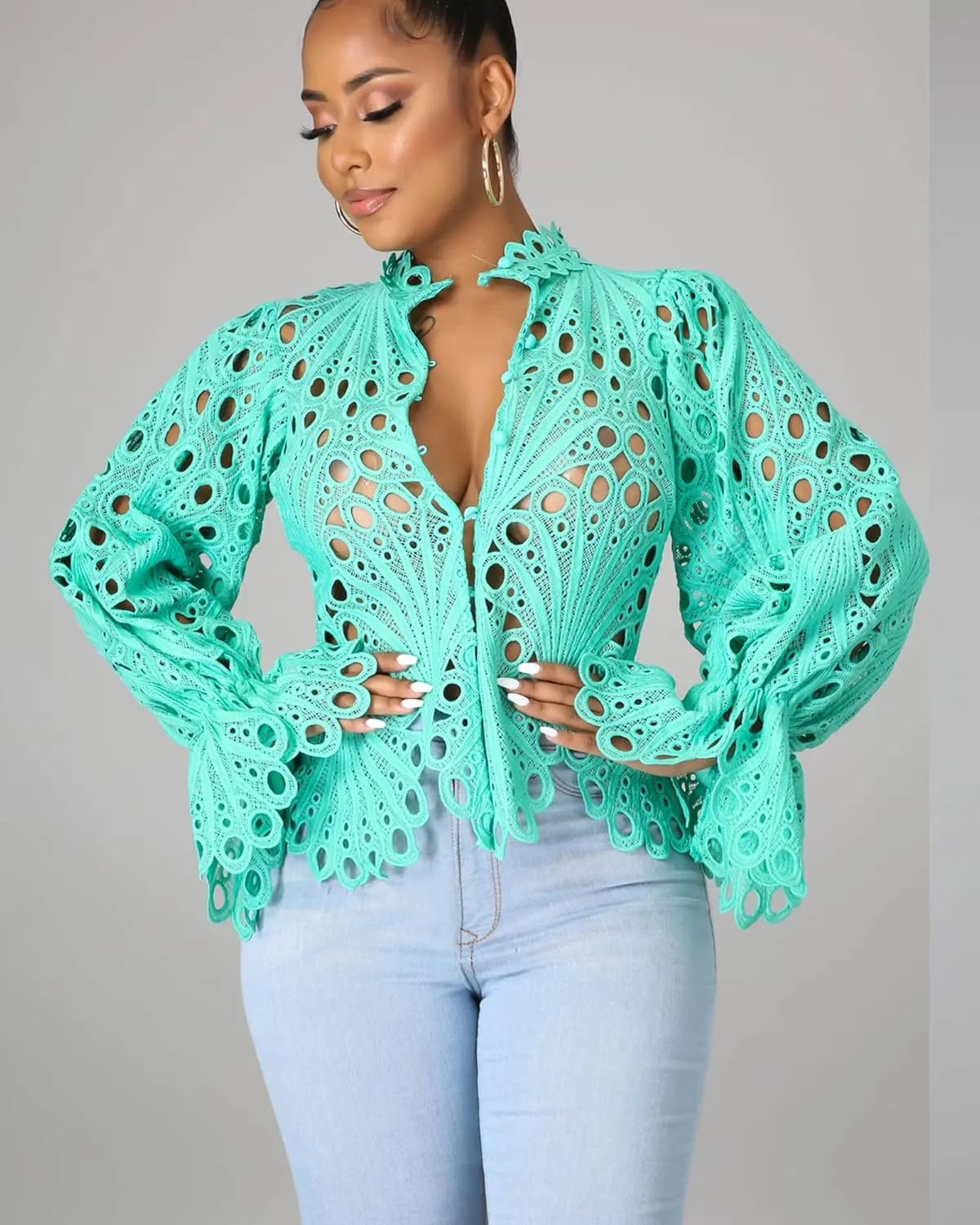 Doweha Women’s Sexy Ruffle Long Sleeve Summer Lace Tops 2025 Puff Flare Shirt V Neck Hollow Out Button Down Tunic Blouses