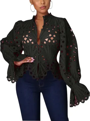 Doweha Women’s Sexy Ruffle Long Sleeve Summer Lace Tops 2025 Puff Flare Shirt V Neck Hollow Out Button Down Tunic Blouses