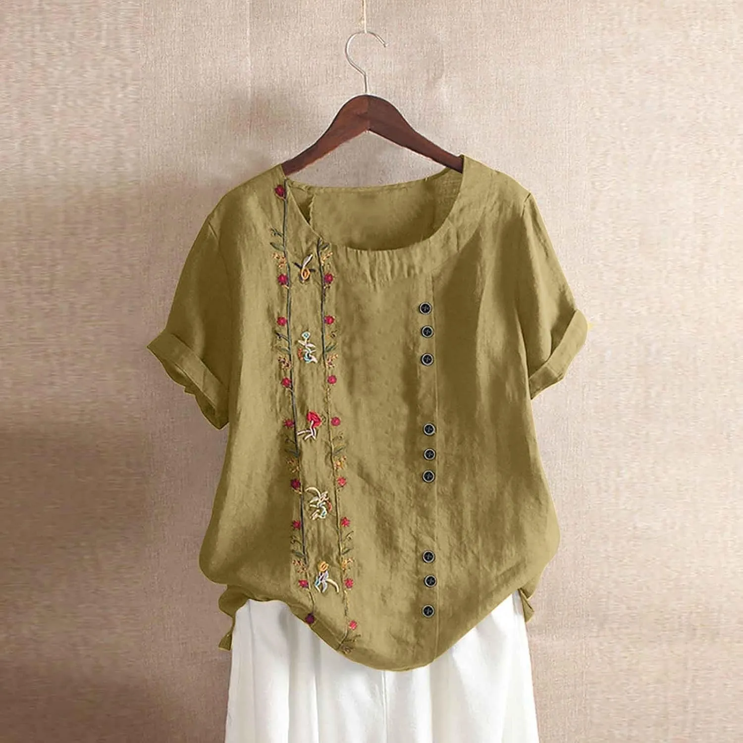 Embroidered Tops for Women Cotton Linen Shirts Loose Fit Boho Peasant Blouse 2025 Summer Casual Short Sleeve Tshirts