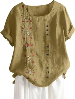 Embroidered Tops for Women Cotton Linen Shirts Loose Fit Boho Peasant Blouse 2025 Summer Casual Short Sleeve Tshirts