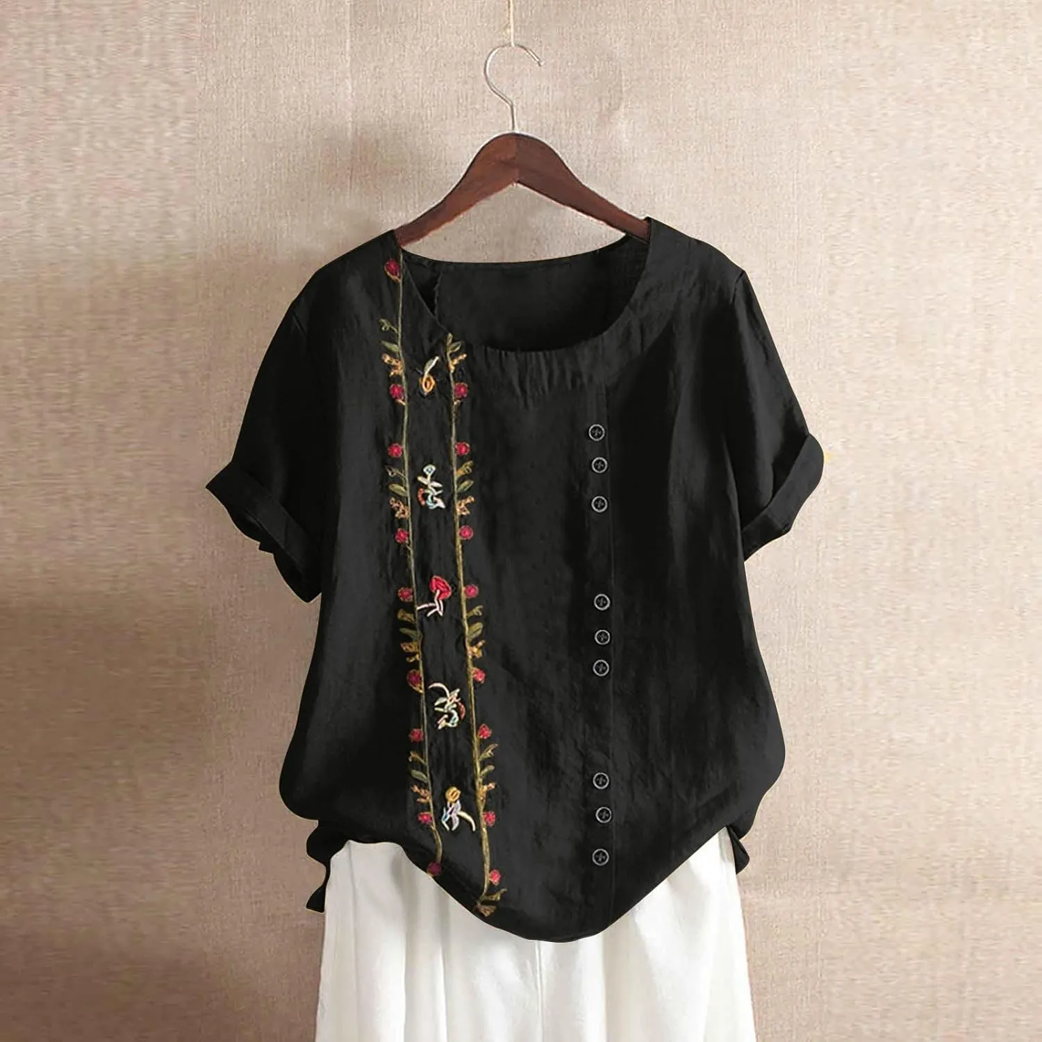 Embroidered Tops for Women Cotton Linen Shirts Loose Fit Boho Peasant Blouse 2025 Summer Casual Short Sleeve Tshirts