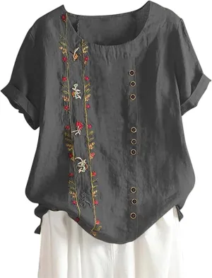 Embroidered Tops for Women Cotton Linen Shirts Loose Fit Boho Peasant Blouse 2025 Summer Casual Short Sleeve Tshirts