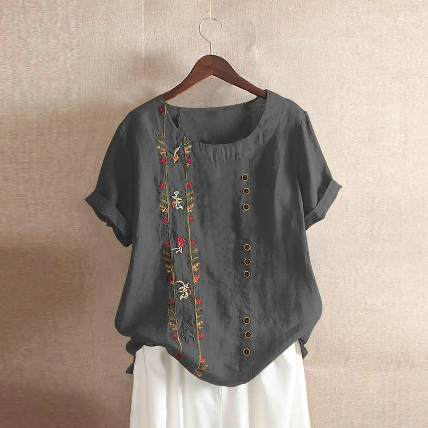 Embroidered Tops for Women Cotton Linen Shirts Loose Fit Boho Peasant Blouse 2025 Summer Casual Short Sleeve Tshirts