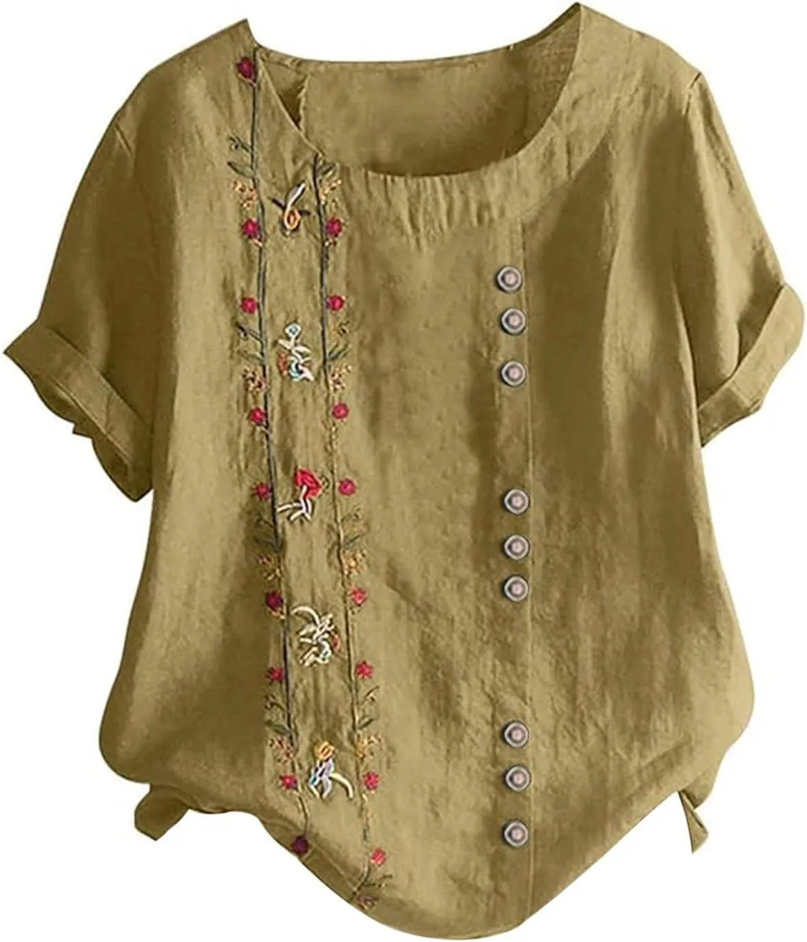Embroidered Tops for Women Cotton Linen Shirts Loose Fit Boho Peasant Blouse 2025 Summer Casual Short Sleeve Tshirts
