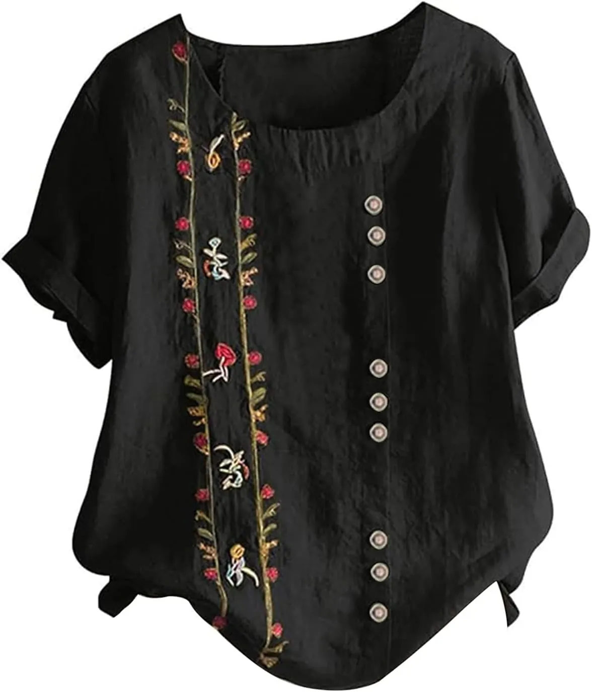 Embroidered Tops for Women Cotton Linen Shirts Loose Fit Boho Peasant Blouse 2025 Summer Casual Short Sleeve Tshirts