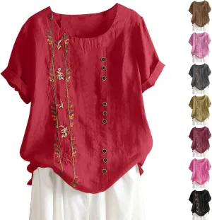 Embroidered Tops for Women Cotton Linen Shirts Loose Fit Boho Peasant Blouse 2025 Summer Casual Short Sleeve Tshirts