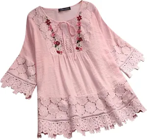 Embroidered Tops for Women Plus Size Vintage Lace Patchwork Bow V-Neck Tops Half Sleeve Boho Cute Mexican T-Shirt
