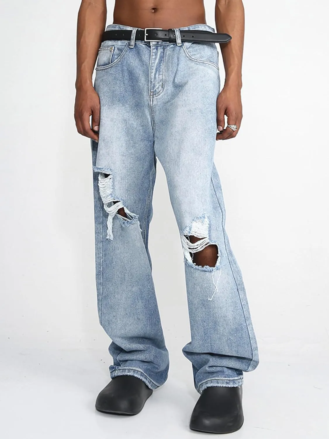 EMMIOL Mens Baggy Jeans Ripped Loose Wide Leg Distressed Jeans Pants Casual Denim Skater Y2k Vintage Streetwear 90s