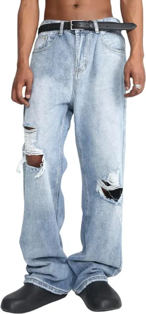 EMMIOL Mens Baggy Jeans Ripped Loose Wide Leg Distressed Jeans Pants Casual Denim Skater Y2k Vintage Streetwear 90s