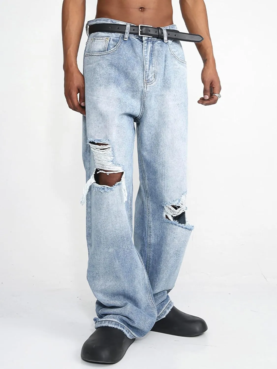 EMMIOL Mens Baggy Jeans Ripped Loose Wide Leg Distressed Jeans Pants Casual Denim Skater Y2k Vintage Streetwear 90s