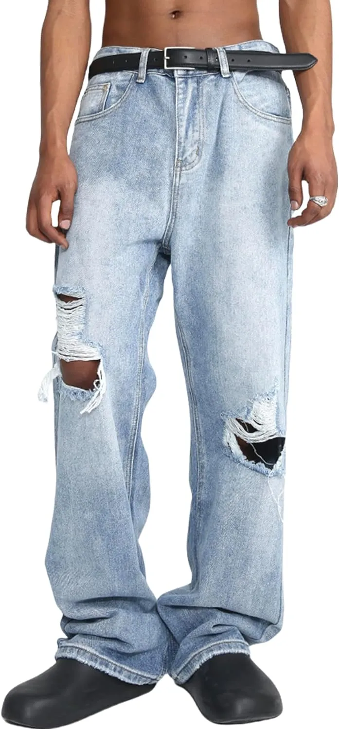 EMMIOL Mens Baggy Jeans Ripped Loose Wide Leg Distressed Jeans Pants Casual Denim Skater Y2k Vintage Streetwear 90s
