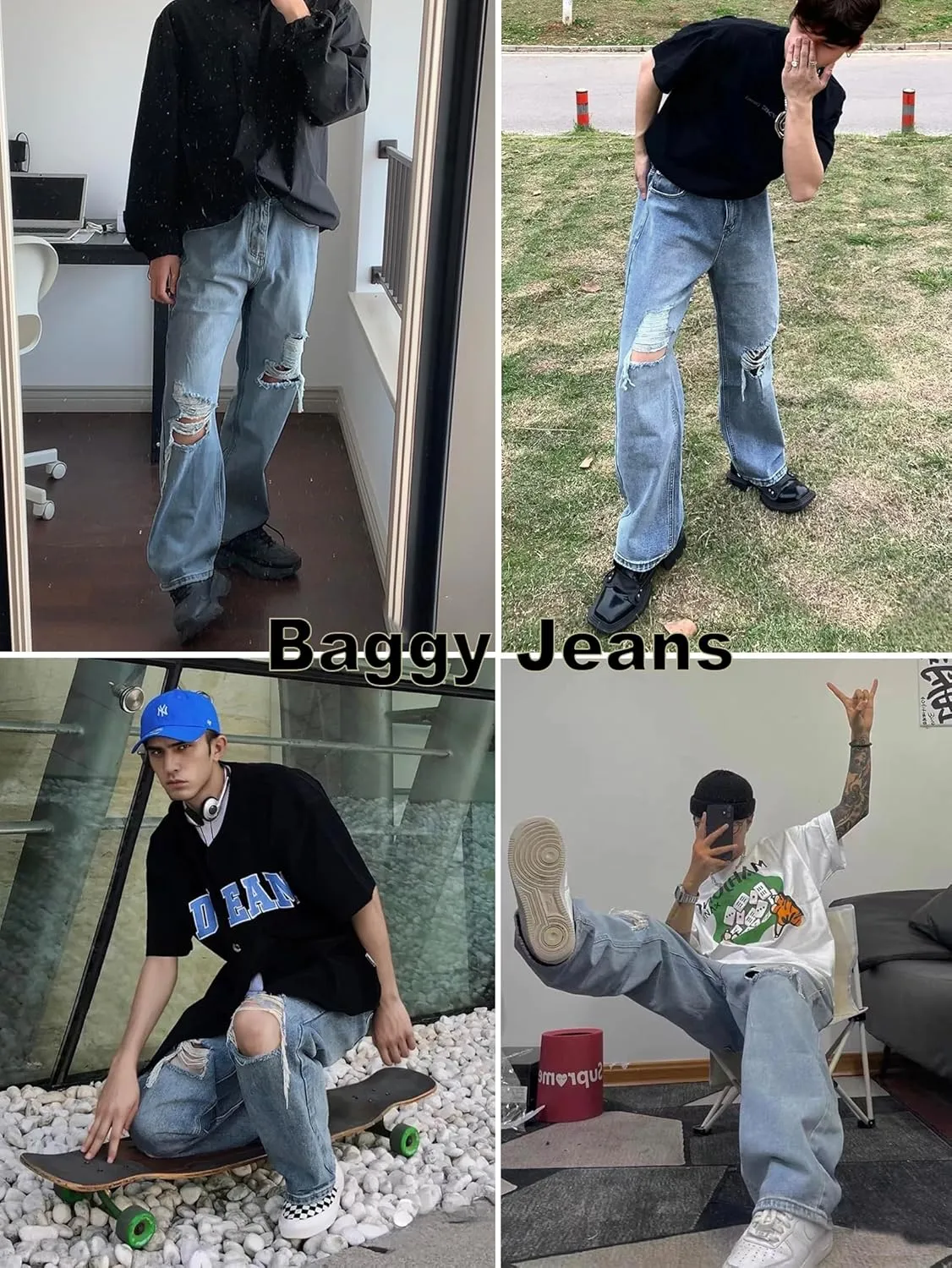 EMMIOL Mens Baggy Jeans Ripped Loose Wide Leg Distressed Jeans Pants Casual Denim Skater Y2k Vintage Streetwear 90s
