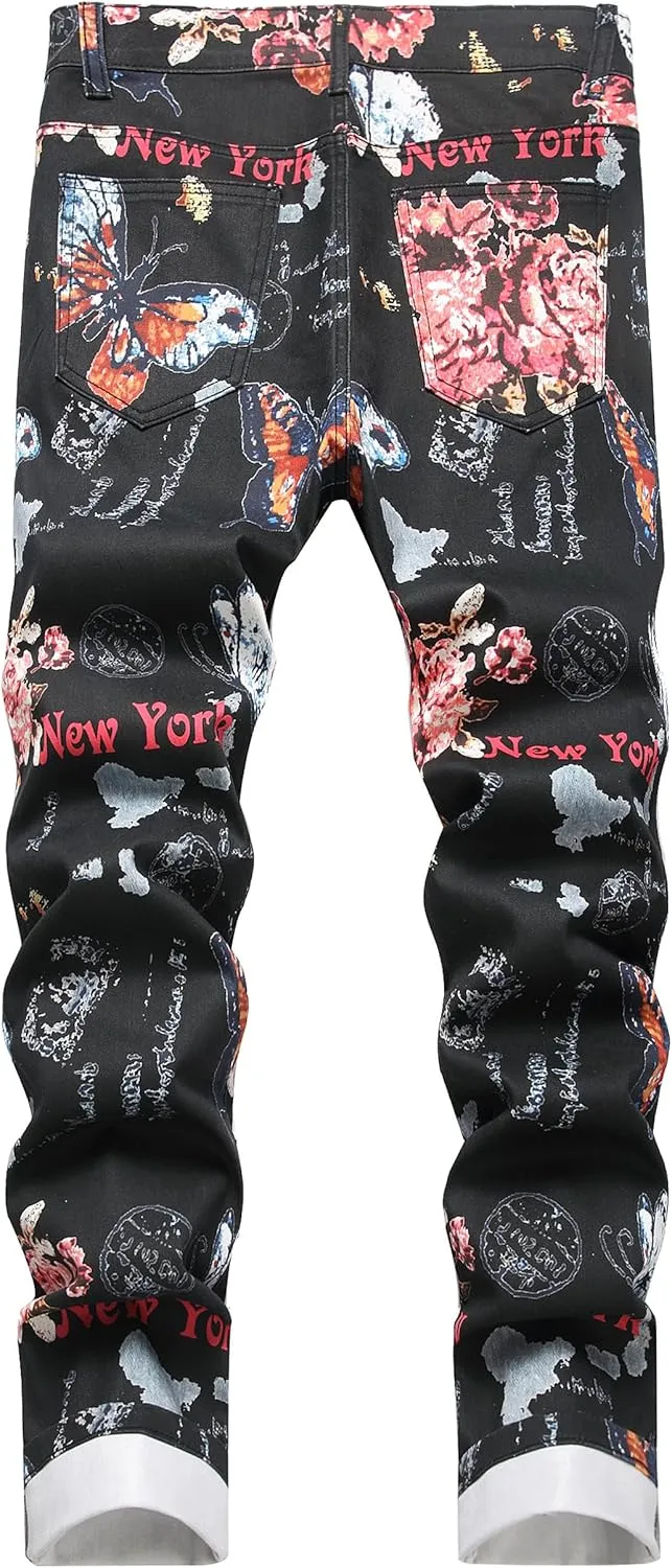 Enrica Men's Casual Printed Jeans Skinny Denim Pants