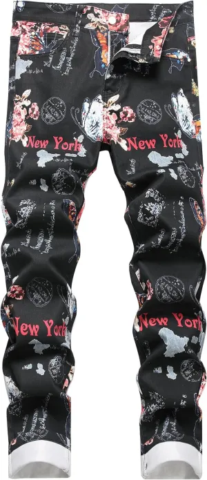 Enrica Men's Casual Printed Jeans Skinny Denim Pants