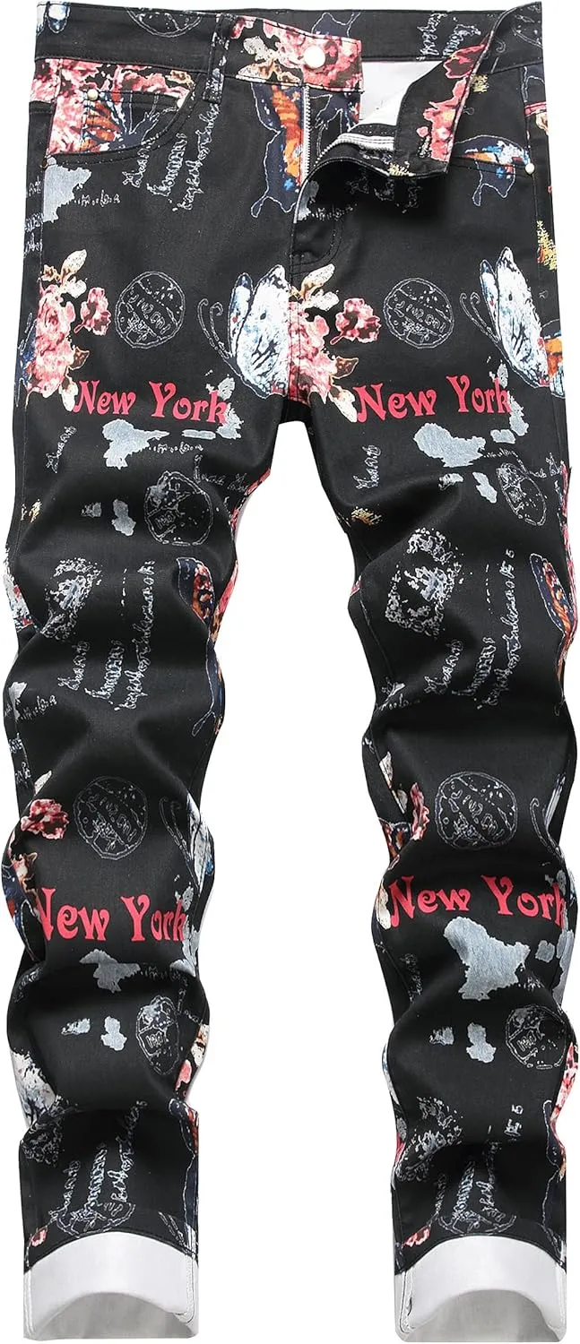 Enrica Men's Casual Printed Jeans Skinny Denim Pants