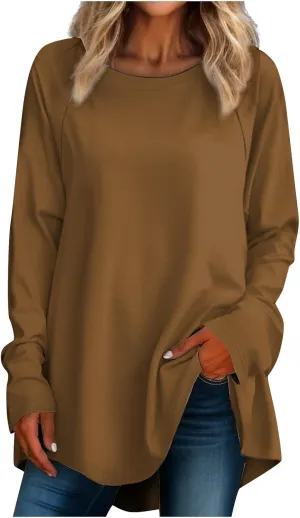 Fall Outfits for Women Printing Crew Neck Pullover Tops Long Sleeve Comfy Dressy Sweatshirts Hide Belly T Shirt