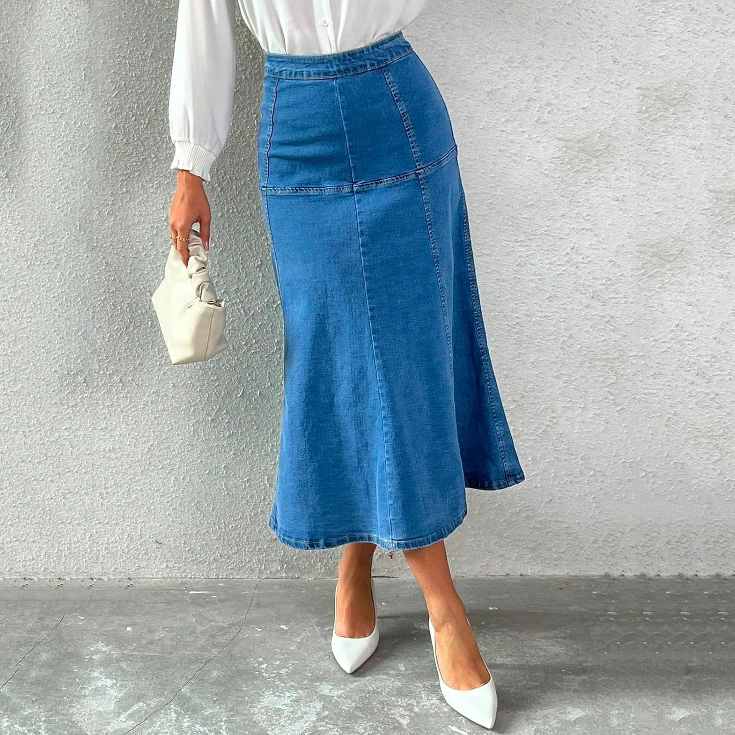 fanmpghleoo Long Jean Skirt for Women Denim Sexy Curvy High Waisted Pencil Skirts Stretchy Back Slit Fishtail Midi Skirts