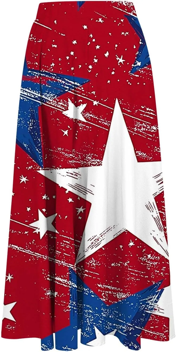 Fashion Independence Day Flowy Long Skirt for Women, Summer High Waist Ruched Casual Skirts Happy Holiday Party Clothes