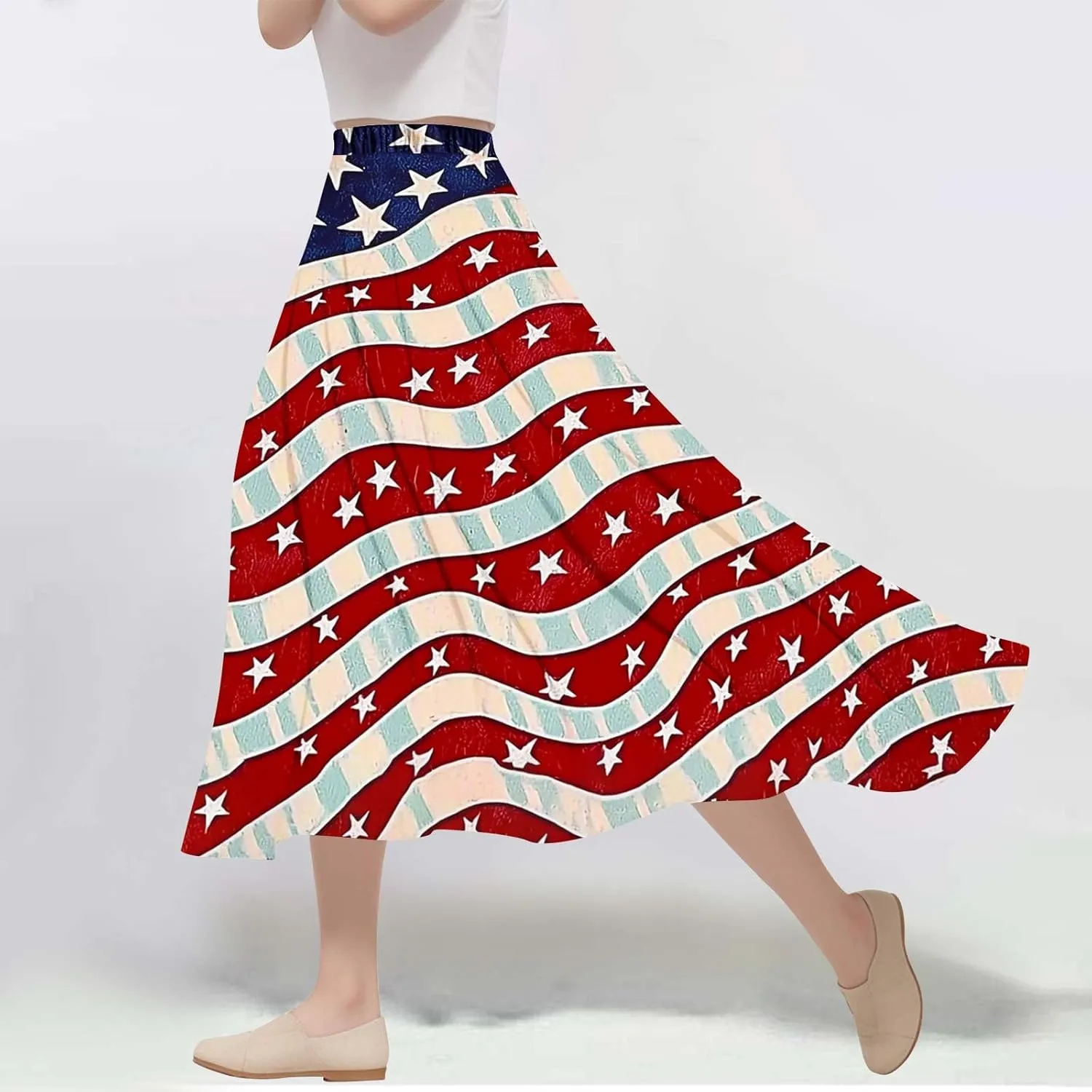 Fashion Independence Day Flowy Long Skirt for Women, Summer High Waist Ruched Casual Skirts Happy Holiday Party Clothes