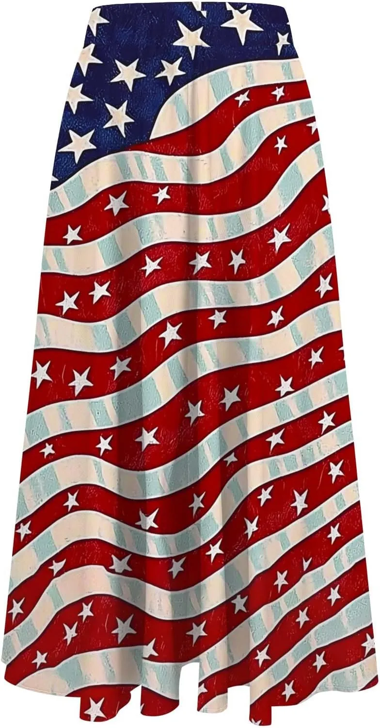 Fashion Independence Day Flowy Long Skirt for Women, Summer High Waist Ruched Casual Skirts Happy Holiday Party Clothes