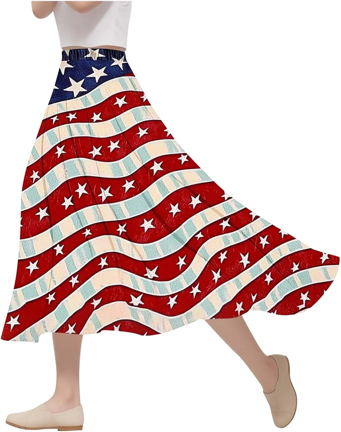 Fashion Independence Day Flowy Long Skirt for Women, Summer High Waist Ruched Casual Skirts Happy Holiday Party Clothes