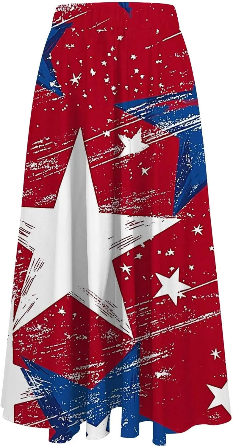 Fashion Independence Day Flowy Long Skirt for Women, Summer High Waist Ruched Casual Skirts Happy Holiday Party Clothes