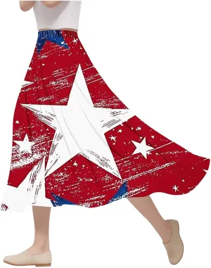 Fashion Independence Day Flowy Long Skirt for Women, Summer High Waist Ruched Casual Skirts Happy Holiday Party Clothes