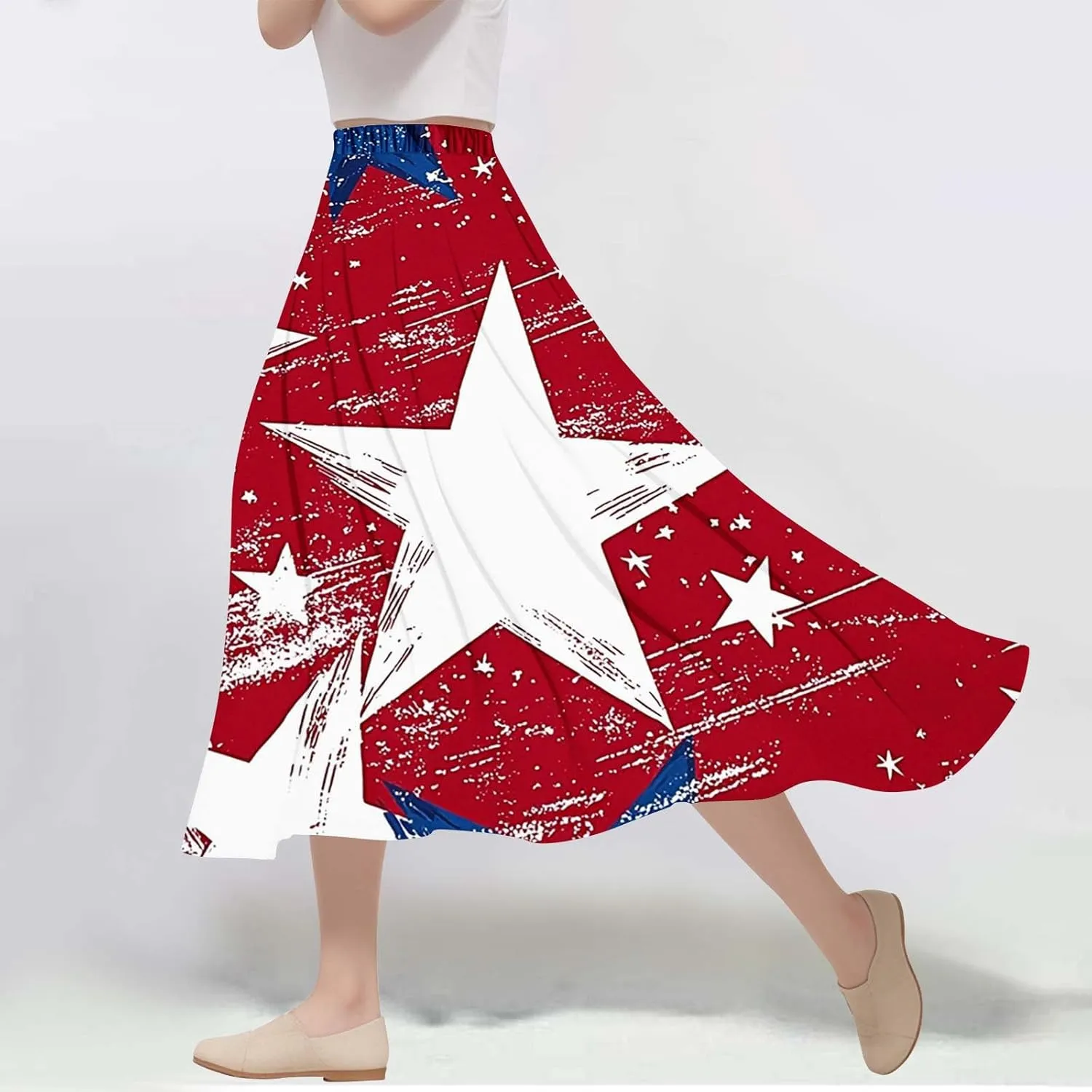 Fashion Independence Day Flowy Long Skirt for Women, Summer High Waist Ruched Casual Skirts Happy Holiday Party Clothes