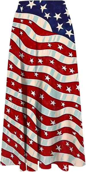 Fashion Independence Day Flowy Long Skirt for Women, Summer High Waist Ruched Casual Skirts Happy Holiday Party Clothes