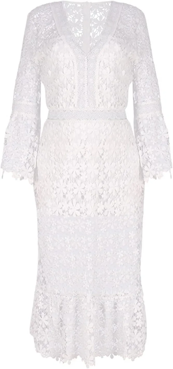 Flare Sleeve Dress for Women Bodycon Mermaid Lace Floral Dresses V-Neck Formal Cocktail Comfy Dress for Wedding Guest