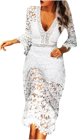 Flare Sleeve Dress for Women Bodycon Mermaid Lace Floral Dresses V-Neck Formal Cocktail Comfy Dress for Wedding Guest