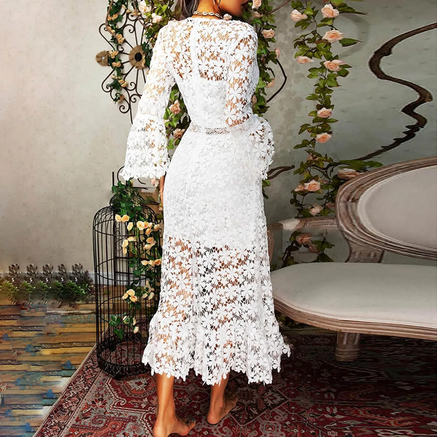Flare Sleeve Dress for Women Bodycon Mermaid Lace Floral Dresses V-Neck Formal Cocktail Comfy Dress for Wedding Guest