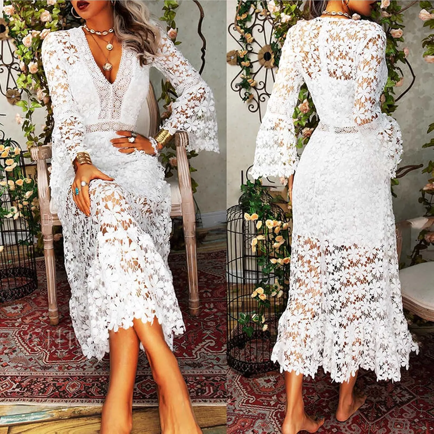 Flare Sleeve Dress for Women Bodycon Mermaid Lace Floral Dresses V-Neck Formal Cocktail Comfy Dress for Wedding Guest